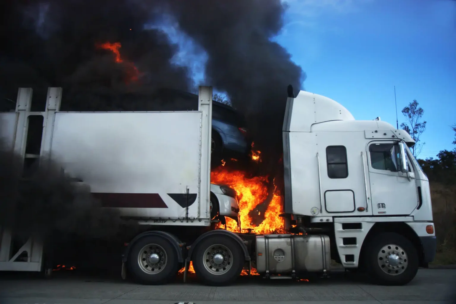 Car,Carrier,On,Fire,And,Burning,Up.